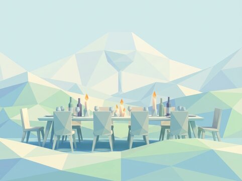 Calm low poly banquet table in faceted mountain landscape