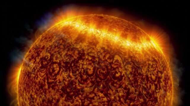 Sun Surface Eruptions Glowing in Space with Solar Flares and Coronal Loops Cinematic Science Visualization