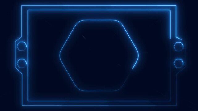 Hexagonal frame animation encloses technical geometric panels. Modern cybernetic user dashboard consoles shape hexagonal frame animation. Tactical interfaces use the frame.