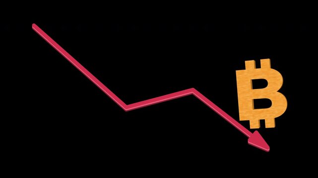 Bitcoin symbol financial chart plunges sharply downward. Transparent alpha channel for easy compositing cryptocurrency finance business projects Bitcoin decline market crash investment losses recessio