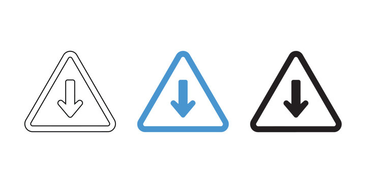 Warning sign icons with downward arrows in black white and blue outline styles