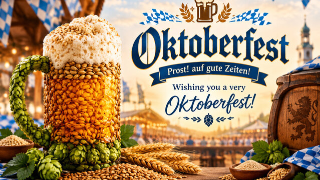 Oktoberfest celebratory background with beer mug made of grain and hops in a tent