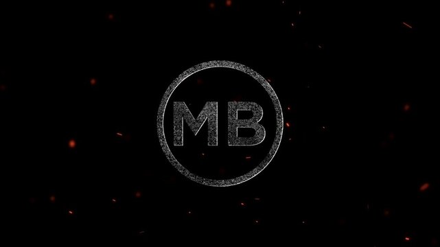 Glowing neon circular badge featuring the letters mb with flying embers and particles surrounding the design