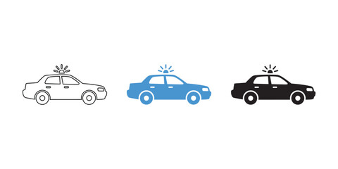 Police car icons in blue, black, and gray for safety awareness and official branding © Romana