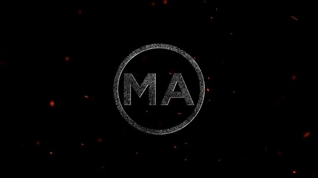 Glowing neon letters MA inside a circular frame with floating embers