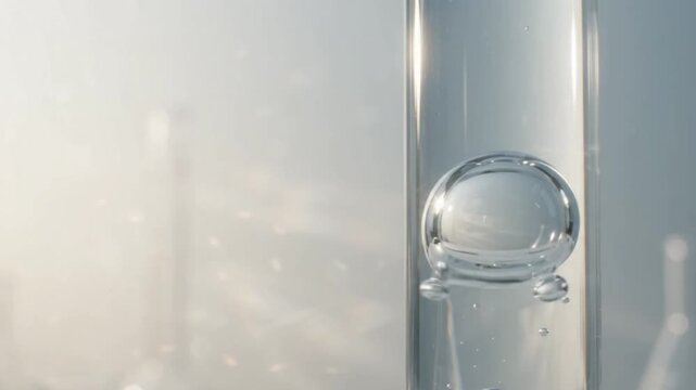 A large, perfectly spherical air bubble suspended within a clear liquid in a transparent glass tube, with a bright, out-of-focus background.