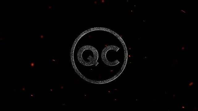 Glowing neon letters QC inside a circular frame with floating embers