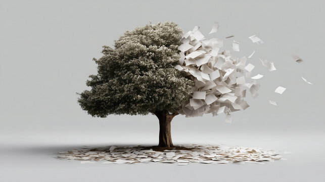  Tree made of recycled paper pages symbolizing environmental wisdom and reuse
