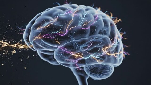 Scientific visualization of human brain function with glowing electrical impulses