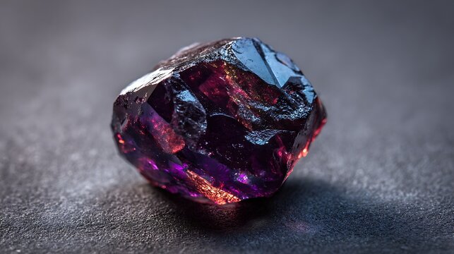 Close-up of a raw dark purple-red gemstone with natural facets showcasing its unique texture and potential for jewelry design