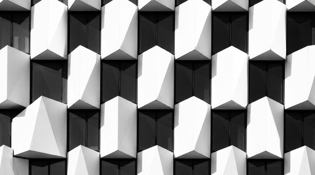 Black and White Three Dimensional Geometric Pattern with Repeating Cubic Shapes and Strong Contrast
