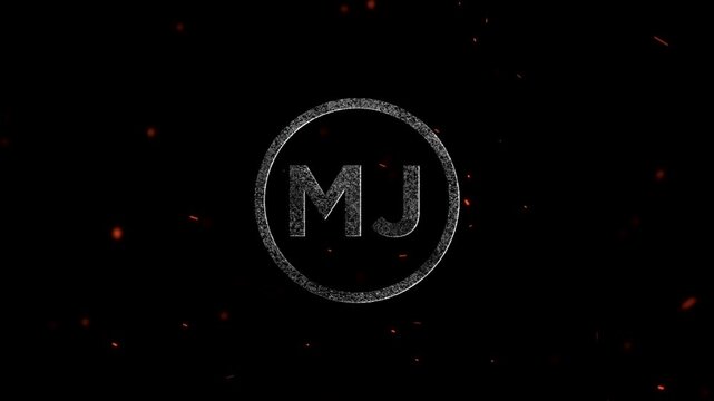 Glowing particle letter MJ monogram inside a circular frame with floating embers