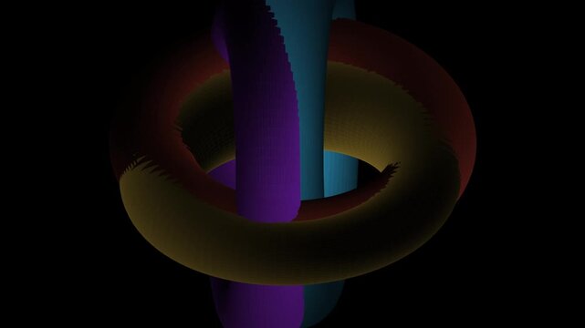 Abstract three dimensional geometric shape composed of interconnected colorful interlocking rings with wireframe texture