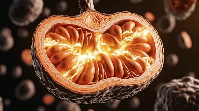 Microscopic cross-section of mitochondria generating cellular energy and atp synthesis in biological cells