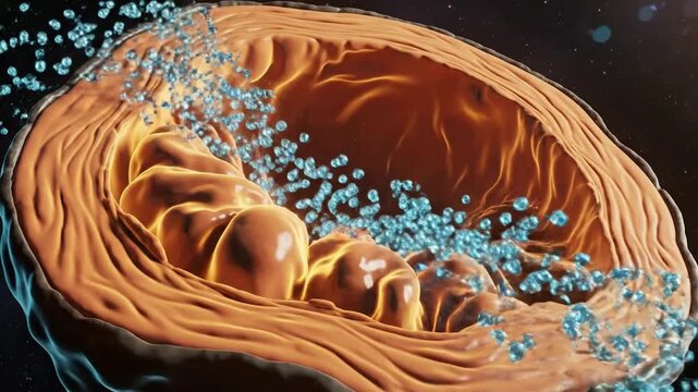 3D animation of mitochondria cross section cellular respiration with atp energy production particles