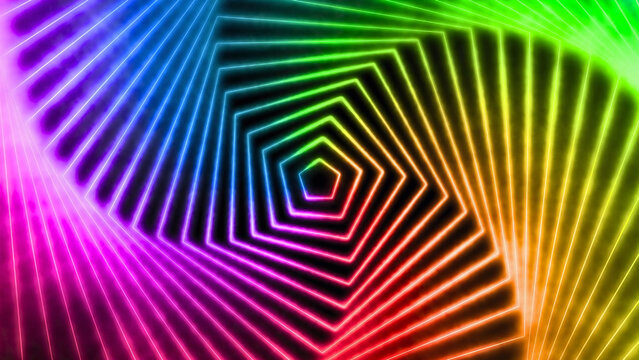 Colorful Rainbow Neon Pentagonal Spiral Tunnel Vortex Motion Background.