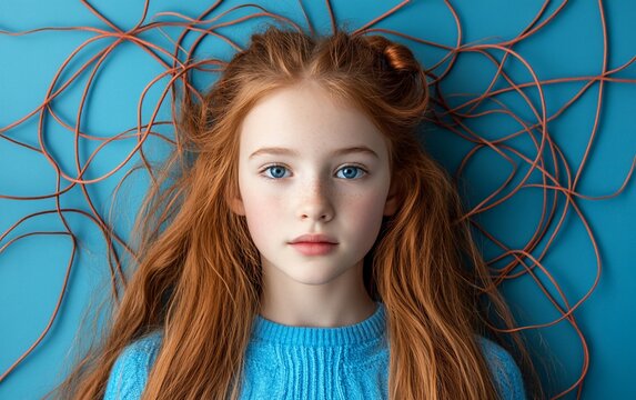 A young girl with long red hair lies on her back surrounded by tangled brown cords on a blue background.