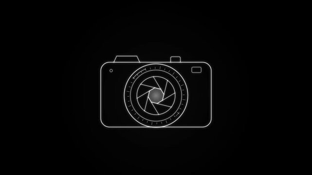 Minimalist Camera Outline Icon with Open Aperture Lens on Black Background for Photography and Media Concepts