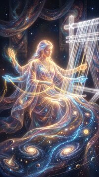 Greek mythology goddess, known as moirai in ancient pagan religion, weaving golden cosmic tapestry with celestial loom, representing universal destiny, creation, space birth.