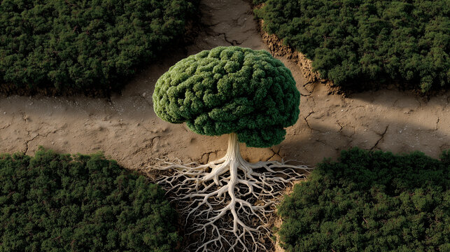  Tree with brain-shaped canopy and root network symbolizes eco-awareness

