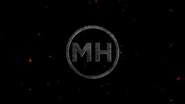 Letters M and H enclosed in a white circular border with glowing ember particles floating