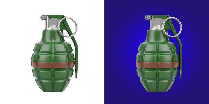 A green military hand grenade weapon with a metal ring pin 3d rendering