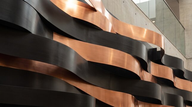 Modern abstract background featuring overlapping matte black and warm copper metallic ribbons