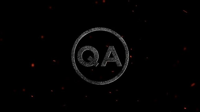 Qa letters inside a circular frame with particle effects and floating embers