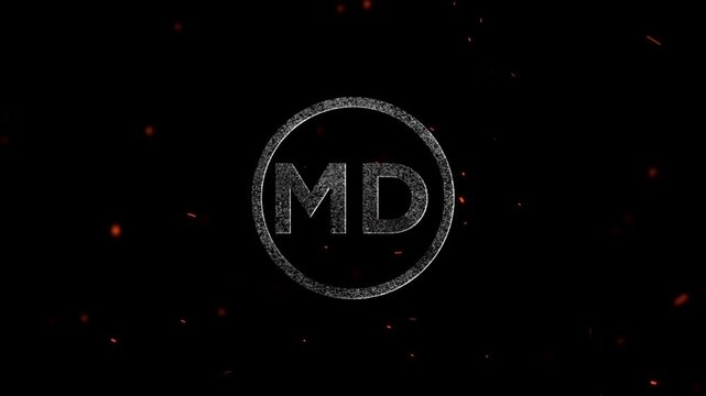 The letters md inside a glowing textured circular frame with floating embers