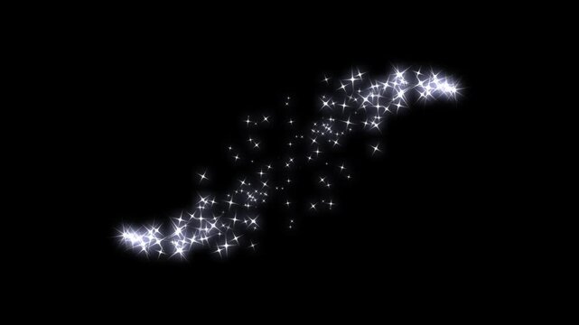 Magic sparkling white star trail motion overlay on black screen background. Shining glitter particles spiral twinkle light burst motion graphic effect visual, alpha channel fantasy glowing ring loop.