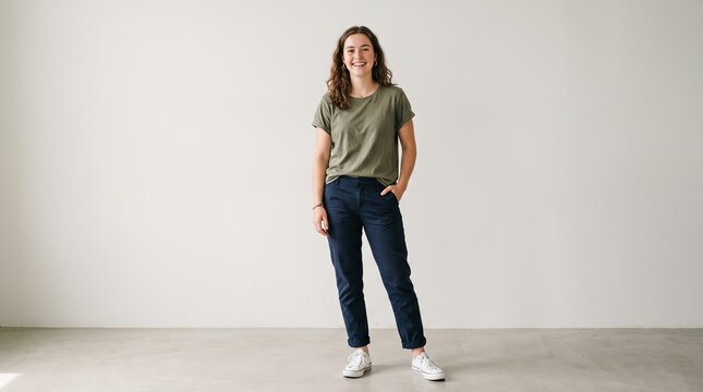 Full body portrait of a smiling young woman standing against a plain wall wearing a casual olive green tshirt and navy blue chinos with white sneakers