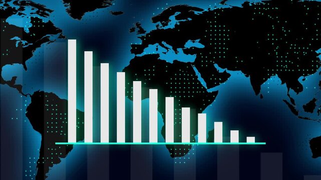 Bar graph animation indicates downward global economic trends. International financial market analytics route across bar graph animation. Economic policy teams use graph.