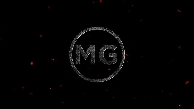 The letters mg inside a textured circle surrounded by floating ember particles