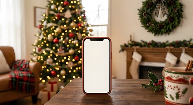 Smartphone mockup with blank white screen in red case standing on wooden table in cozy Christmas living room with decorated tree, wreath and stockings