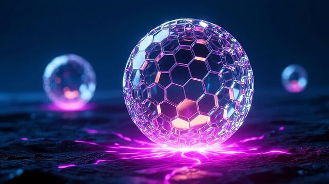 Purple glowing hexagonal sphere over dark water