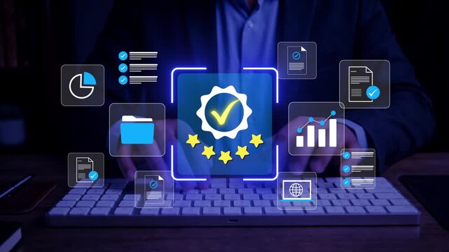 Digital Quality Assurance and Workflow Efficiency Concept with Checkmark, Checklist, Ratings and Data Analytics