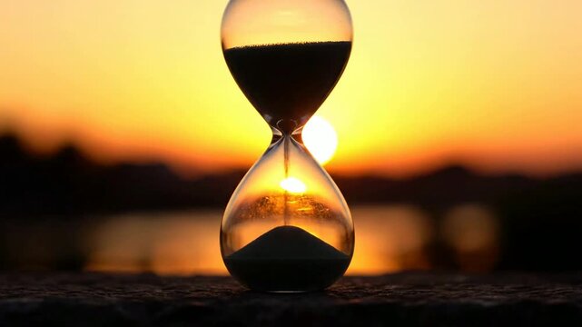Hourglass measuring time flowing against golden sunset background, representing deadlines and eternity