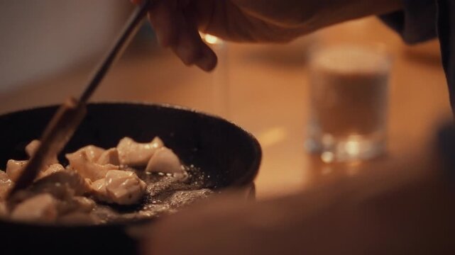In a home kitchen, a male cook tosses chicken meat in a sizzling frying pan with a silicone spatula, carefully turning it to achieve a golden roast chicken, highlighting skillful culinary technique
