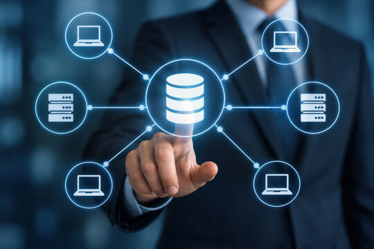 Business executive interacting with centralized data hub touchscreen connecting laptops and servers representing enterprise database network infrastructure and cloud management