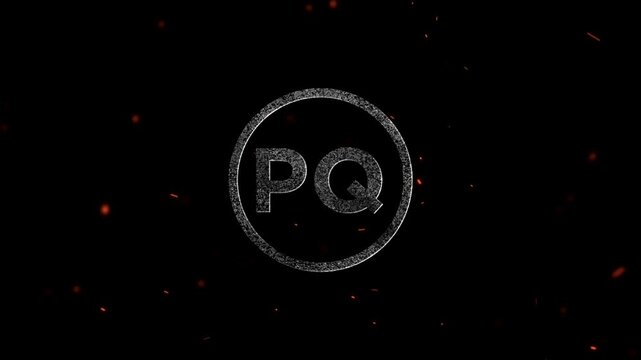 The letters PQ inside a glowing circle surrounded by floating ember particles