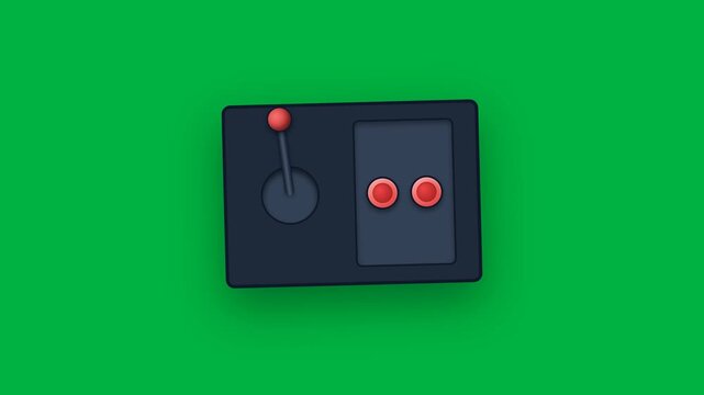 Classic retro video game arcade joystick controller with two red buttons on a green screen background for gaming, entertainment, and control