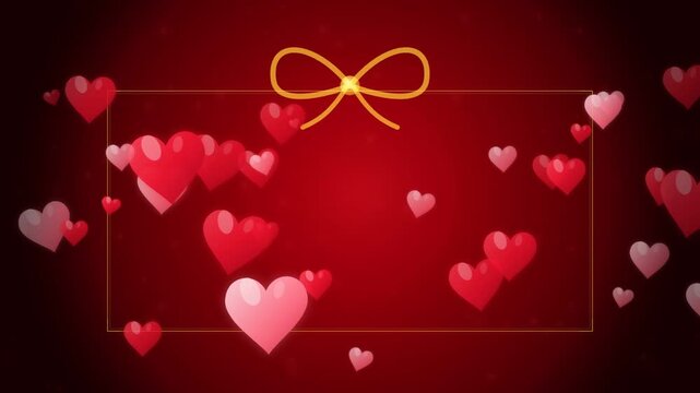 romantic animated floating hearts video concept of valentine's day with golden bow frame on deep red background, flying hearts and sparkles hearts love bokeh.