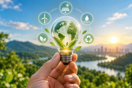 Hand holding illuminated light bulb with miniature earth and green energy icons for solar wind recycling water conservation promoting sustainable energy transition and eco innovation