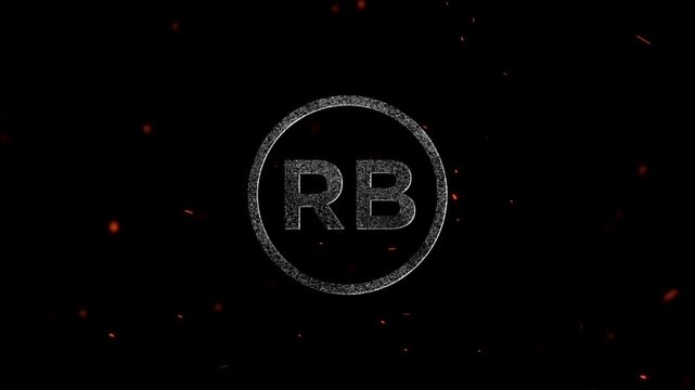 The letters rb written in a textured white circle with floating ember particles