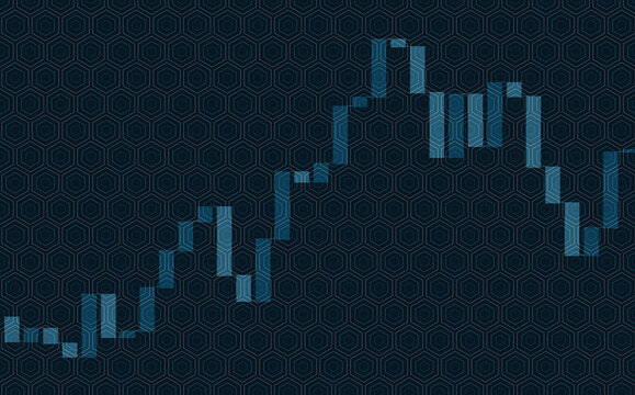 Digital stock market graph with blue candlesticks on dark hexagonal pattern background for finance.