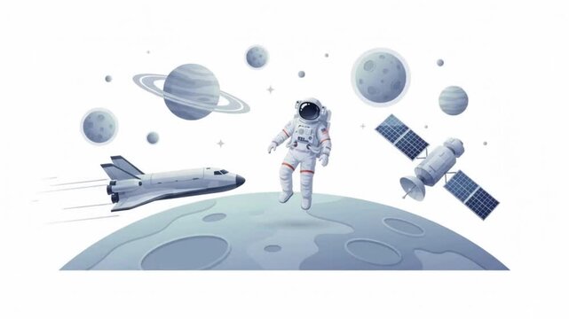 Astronaut floating in space near moon surface with space shuttle, satellite and planets