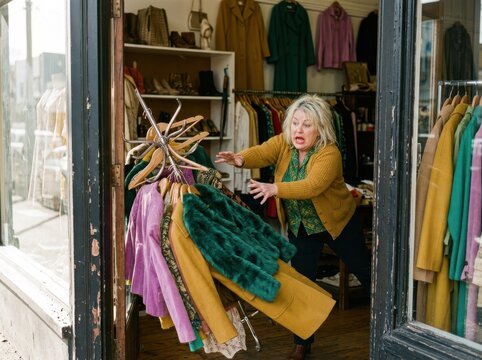Boutique owner reacting to falling clothing rack in vintage shop