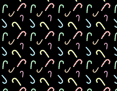 Seamless pattern with colorful candy canes on black background, Christmas striped candy neon colors, holiday wrapping paper and textile print design