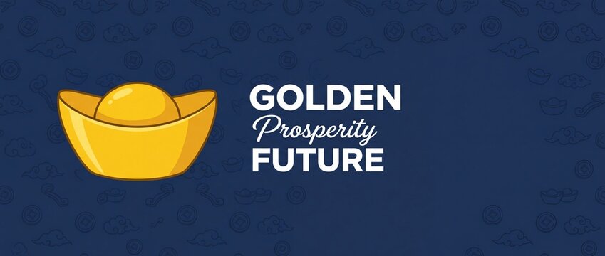 Chinese gold ingot sycee prosperity banner background with text and traditional cloud patterns on blue for lunar new year wealth success finance and business concept graphic design illustration
