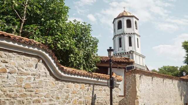 Bell tower of the Church of Constantine and Helena rising above the historic Old Town of Plovdiv, Bulgaria.